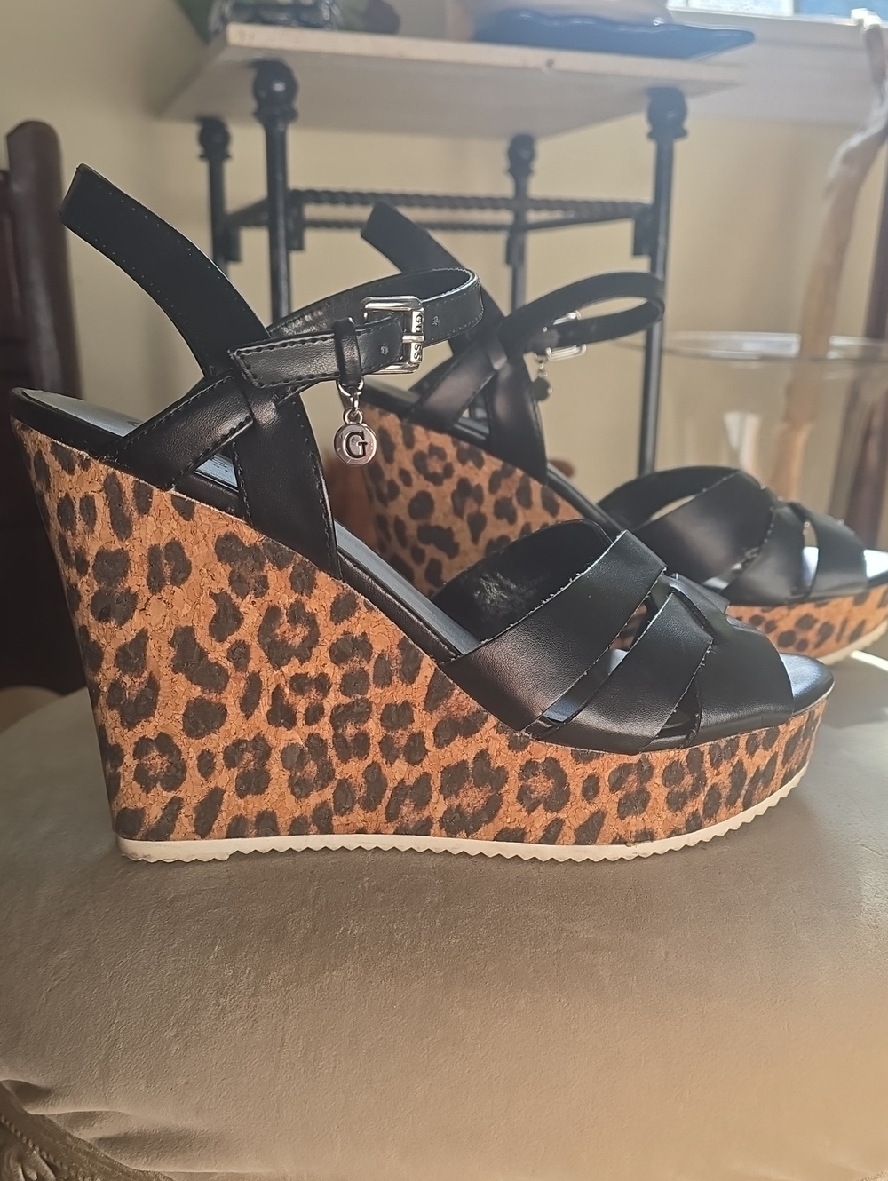 Guess Black  Leopard Wedge Sandals - Women